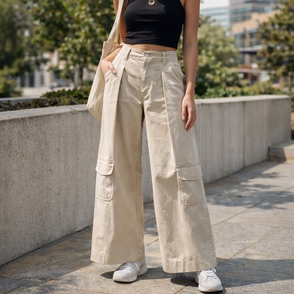 Zara Pants - Zara Wide Leg Cargo Pants Beige Pleated High Rise Cotton Utility M